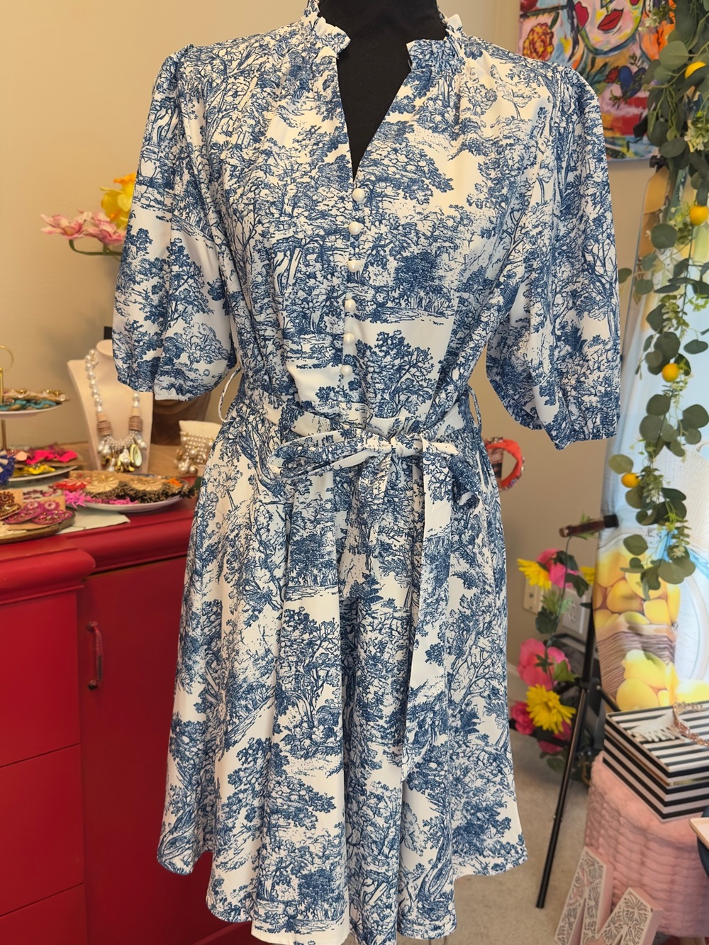 Blue and White Toile Print Fit-and-Flare Dress